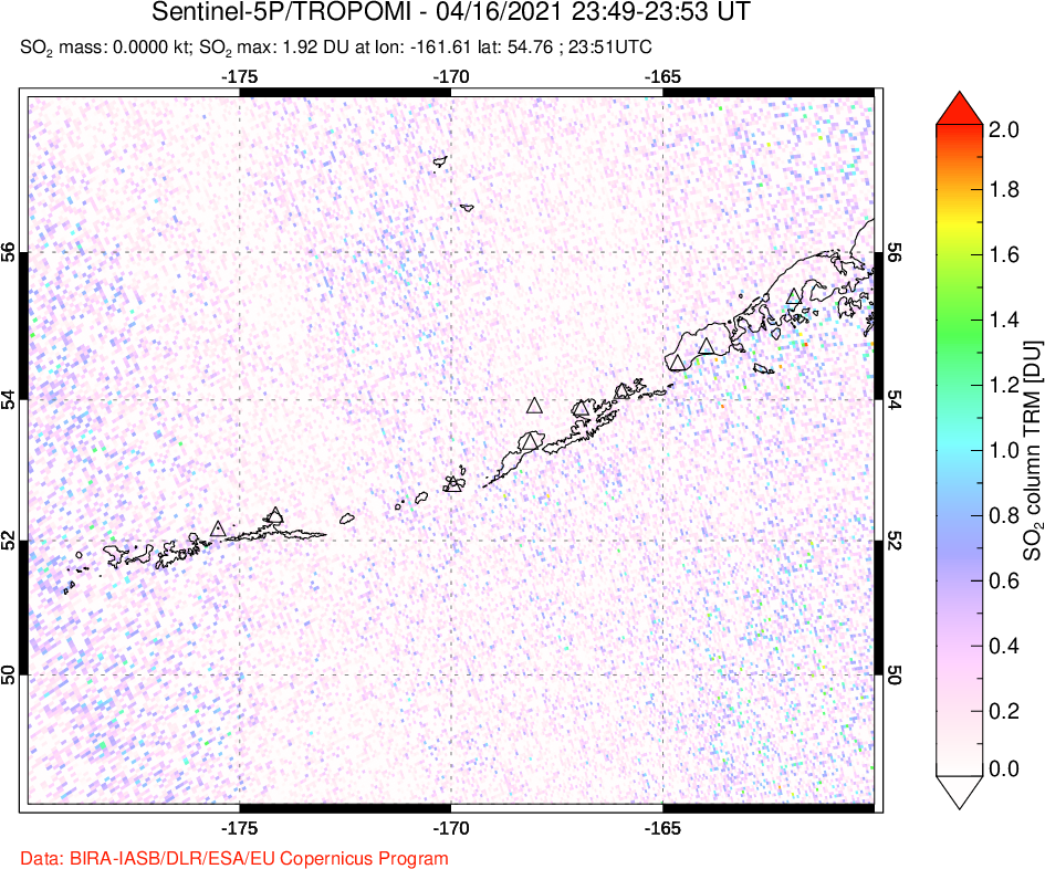 A sulfur dioxide image over Aleutian Islands, Alaska, USA on Apr 16, 2021.