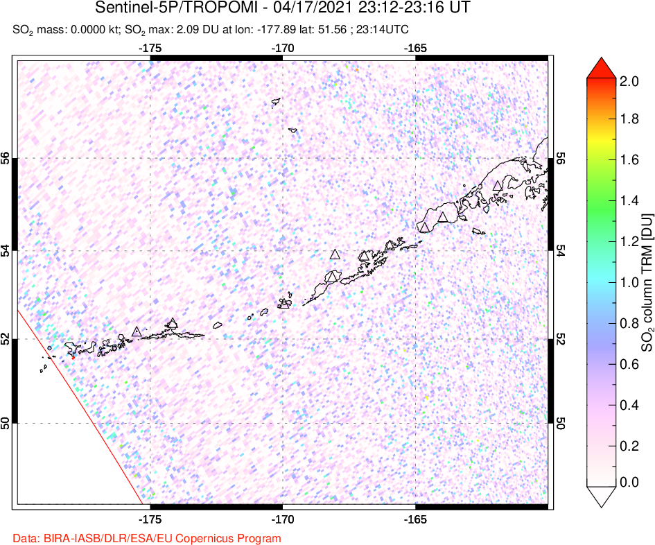 A sulfur dioxide image over Aleutian Islands, Alaska, USA on Apr 17, 2021.