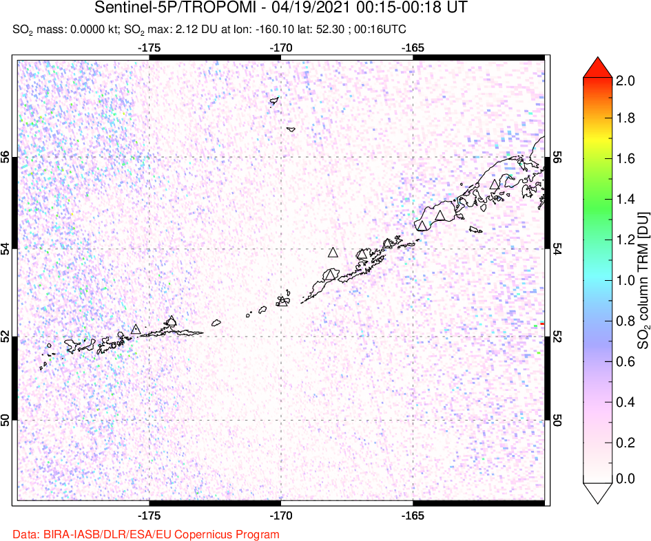 A sulfur dioxide image over Aleutian Islands, Alaska, USA on Apr 19, 2021.