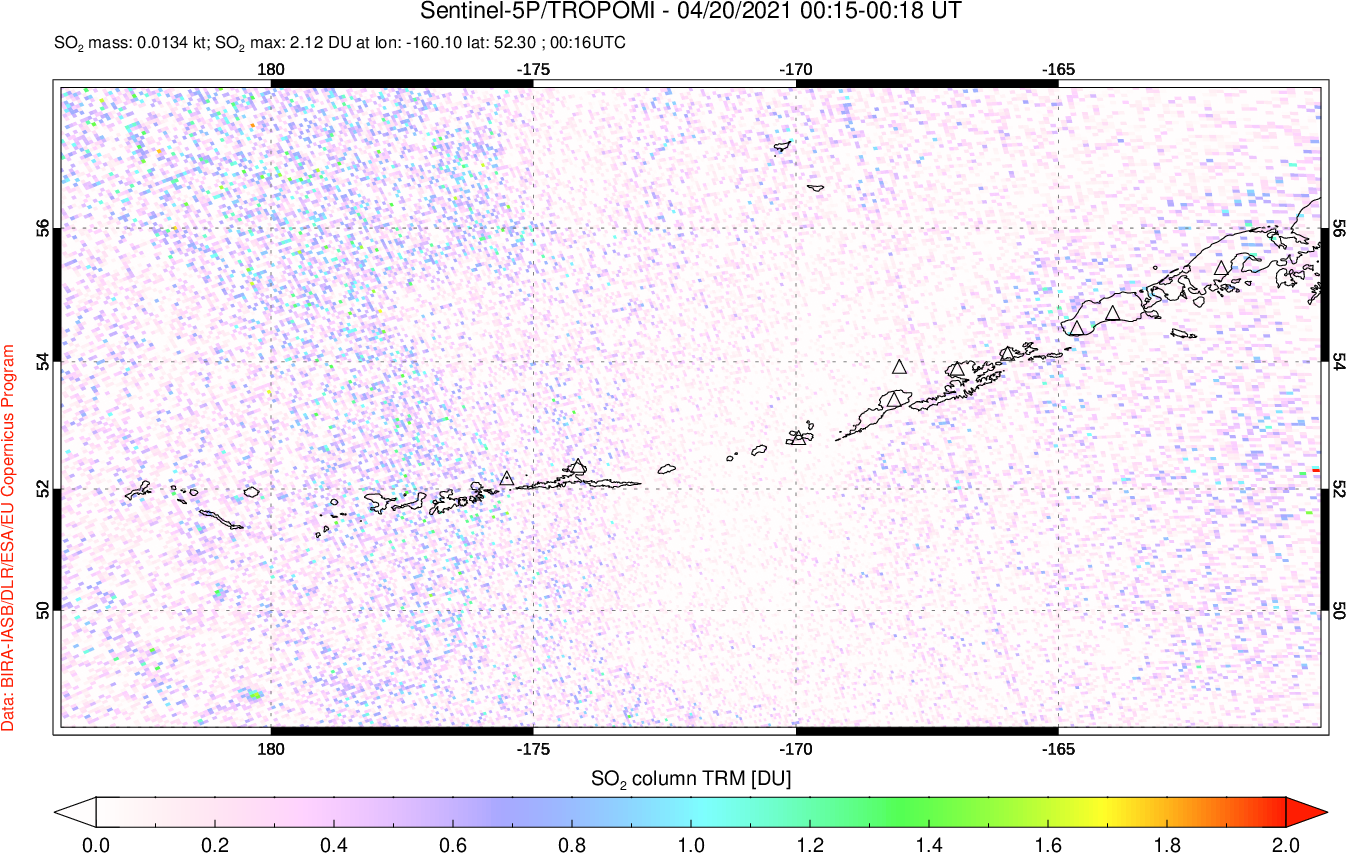A sulfur dioxide image over Aleutian Islands, Alaska, USA on Apr 20, 2021.