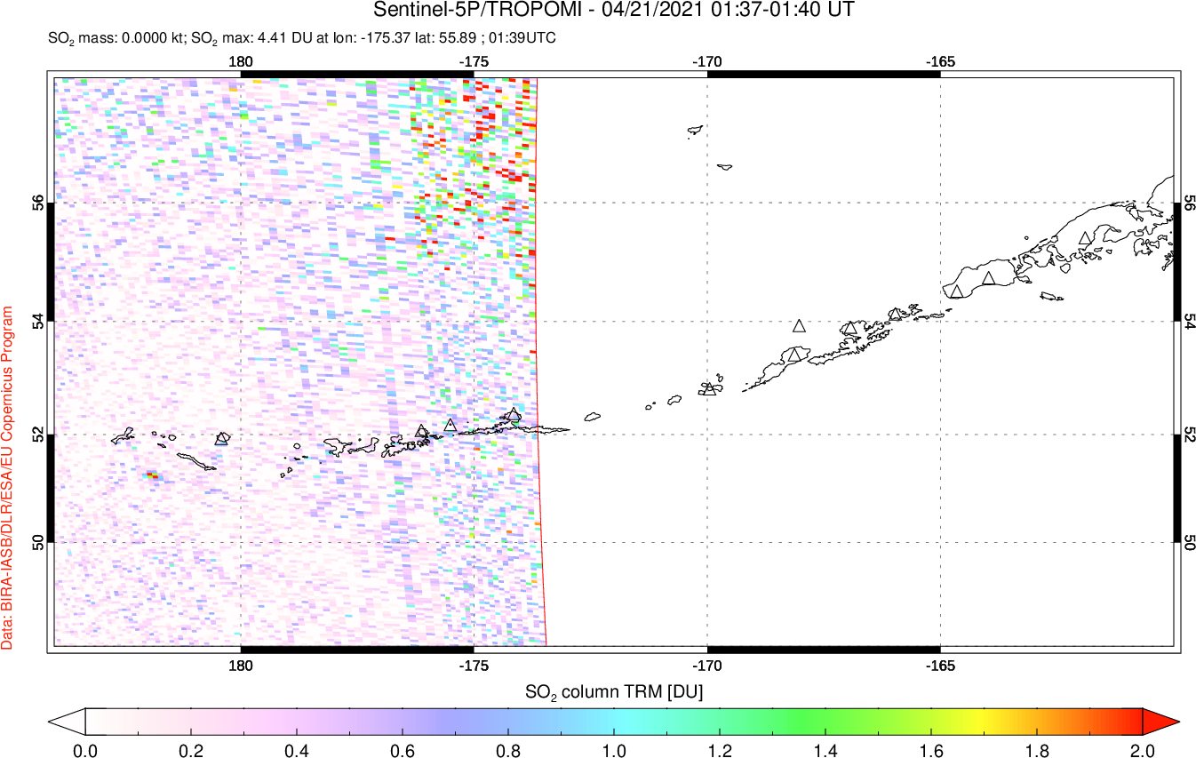 A sulfur dioxide image over Aleutian Islands, Alaska, USA on Apr 21, 2021.