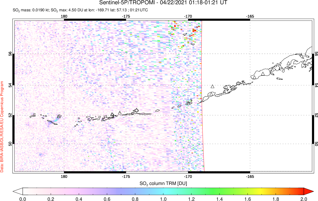 A sulfur dioxide image over Aleutian Islands, Alaska, USA on Apr 22, 2021.