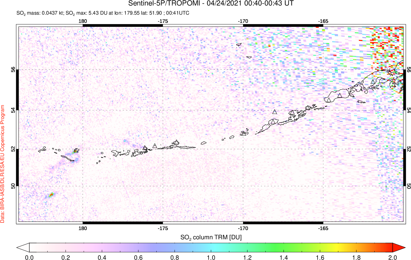 A sulfur dioxide image over Aleutian Islands, Alaska, USA on Apr 24, 2021.