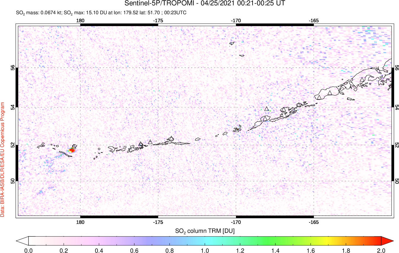 A sulfur dioxide image over Aleutian Islands, Alaska, USA on Apr 25, 2021.