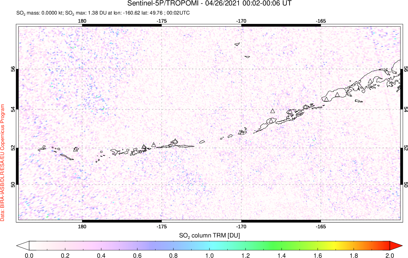 A sulfur dioxide image over Aleutian Islands, Alaska, USA on Apr 26, 2021.