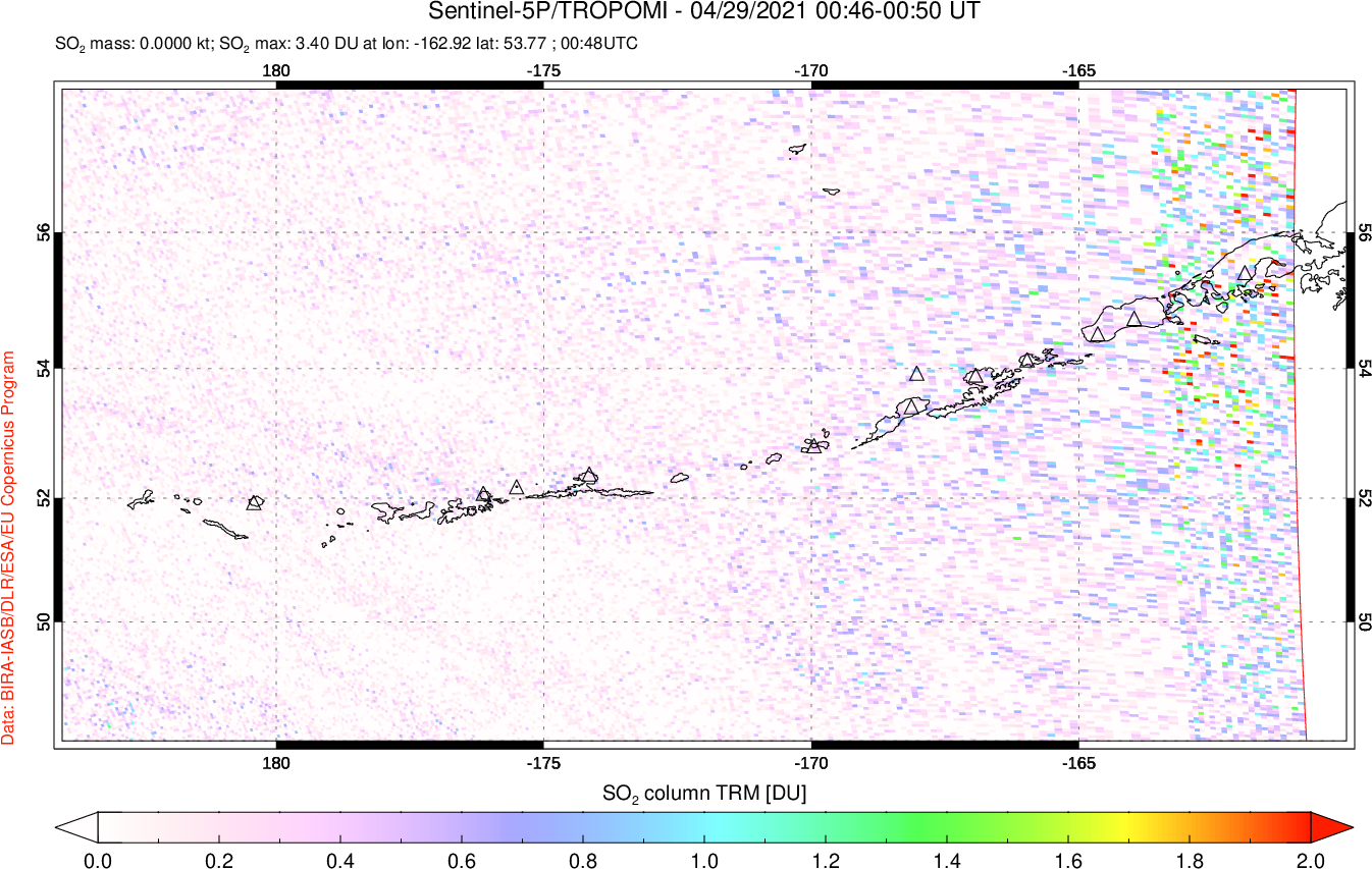 A sulfur dioxide image over Aleutian Islands, Alaska, USA on Apr 29, 2021.