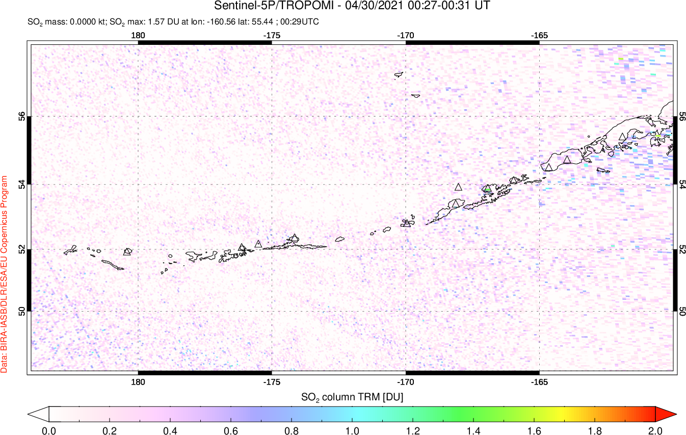 A sulfur dioxide image over Aleutian Islands, Alaska, USA on Apr 30, 2021.