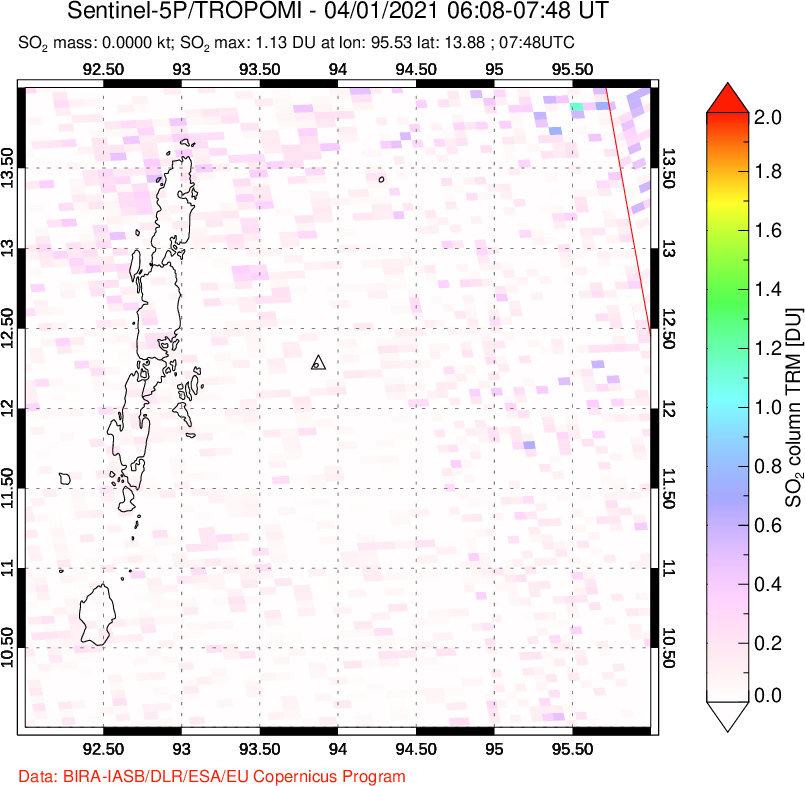 A sulfur dioxide image over Andaman Islands, Indian Ocean on Apr 01, 2021.