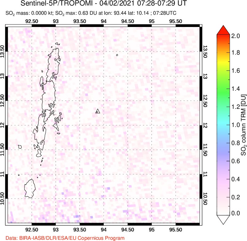 A sulfur dioxide image over Andaman Islands, Indian Ocean on Apr 02, 2021.