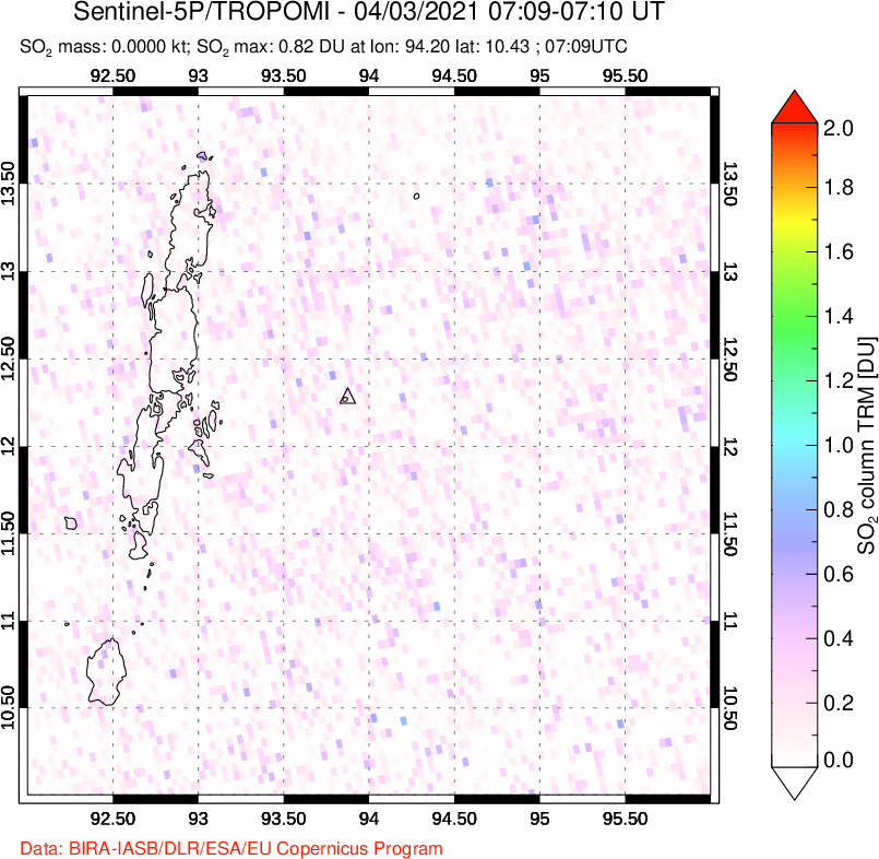 A sulfur dioxide image over Andaman Islands, Indian Ocean on Apr 03, 2021.