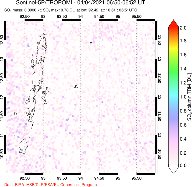 A sulfur dioxide image over Andaman Islands, Indian Ocean on Apr 04, 2021.