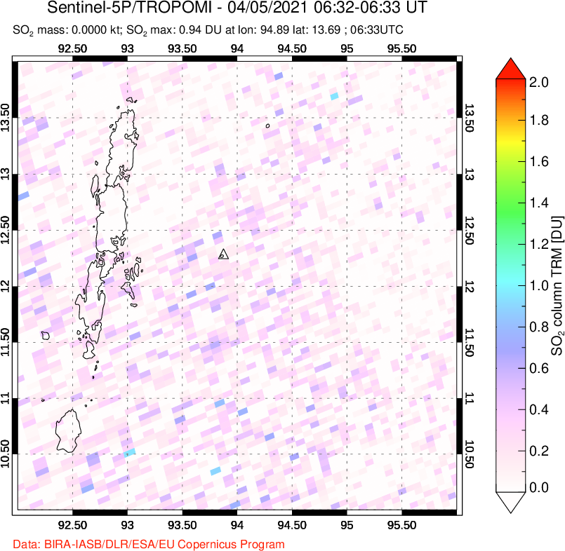 A sulfur dioxide image over Andaman Islands, Indian Ocean on Apr 05, 2021.