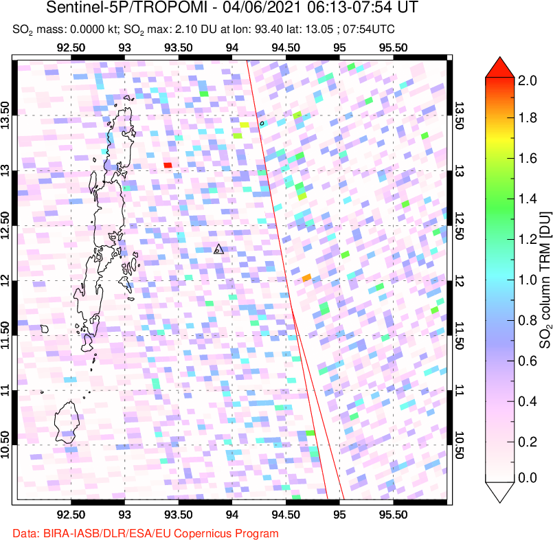 A sulfur dioxide image over Andaman Islands, Indian Ocean on Apr 06, 2021.
