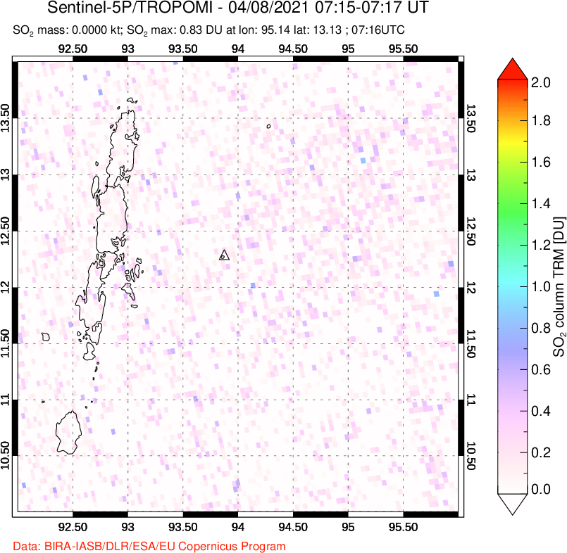 A sulfur dioxide image over Andaman Islands, Indian Ocean on Apr 08, 2021.