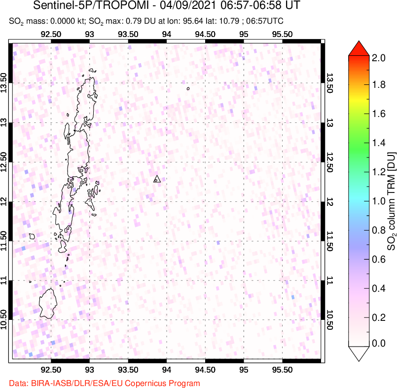 A sulfur dioxide image over Andaman Islands, Indian Ocean on Apr 09, 2021.