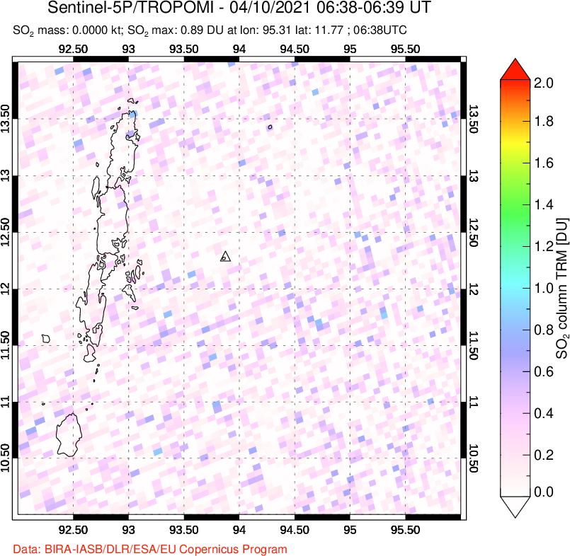 A sulfur dioxide image over Andaman Islands, Indian Ocean on Apr 10, 2021.