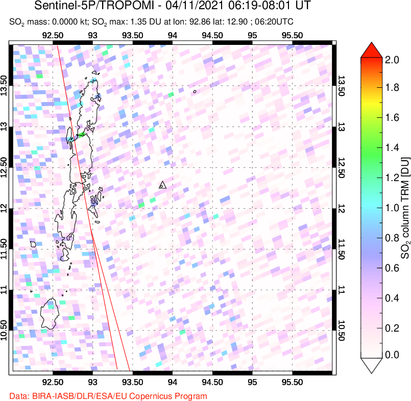 A sulfur dioxide image over Andaman Islands, Indian Ocean on Apr 11, 2021.