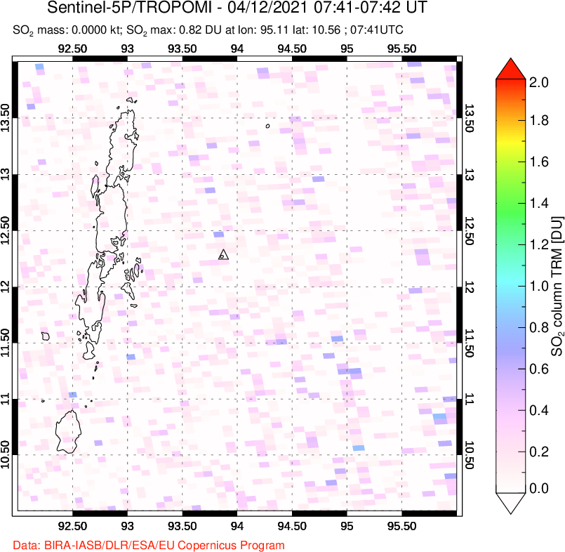 A sulfur dioxide image over Andaman Islands, Indian Ocean on Apr 12, 2021.