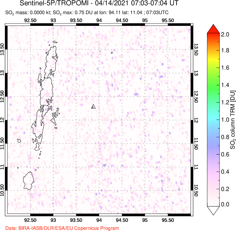 A sulfur dioxide image over Andaman Islands, Indian Ocean on Apr 14, 2021.
