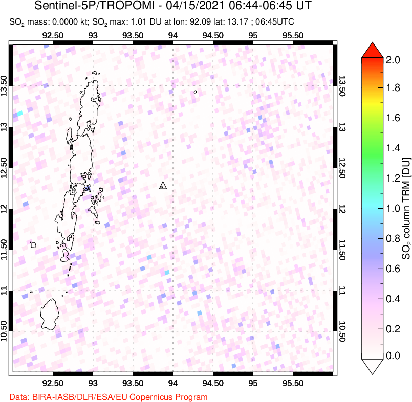 A sulfur dioxide image over Andaman Islands, Indian Ocean on Apr 15, 2021.