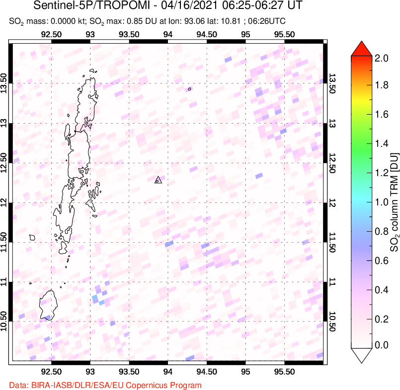 A sulfur dioxide image over Andaman Islands, Indian Ocean on Apr 16, 2021.