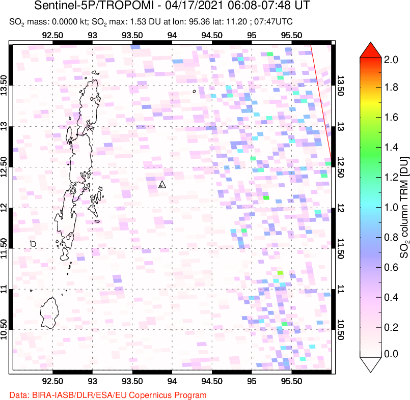 A sulfur dioxide image over Andaman Islands, Indian Ocean on Apr 17, 2021.