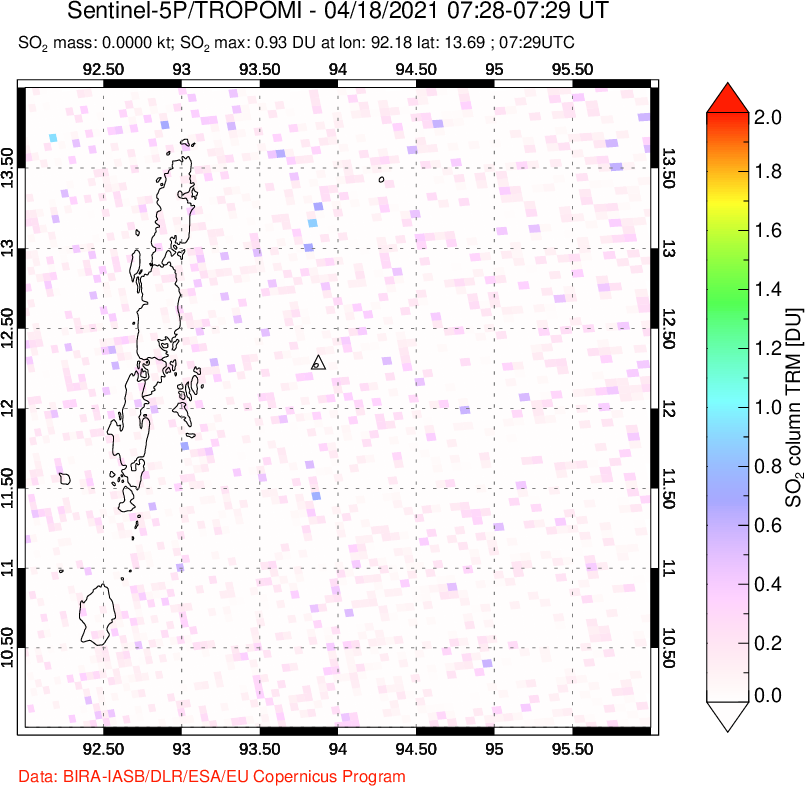 A sulfur dioxide image over Andaman Islands, Indian Ocean on Apr 18, 2021.