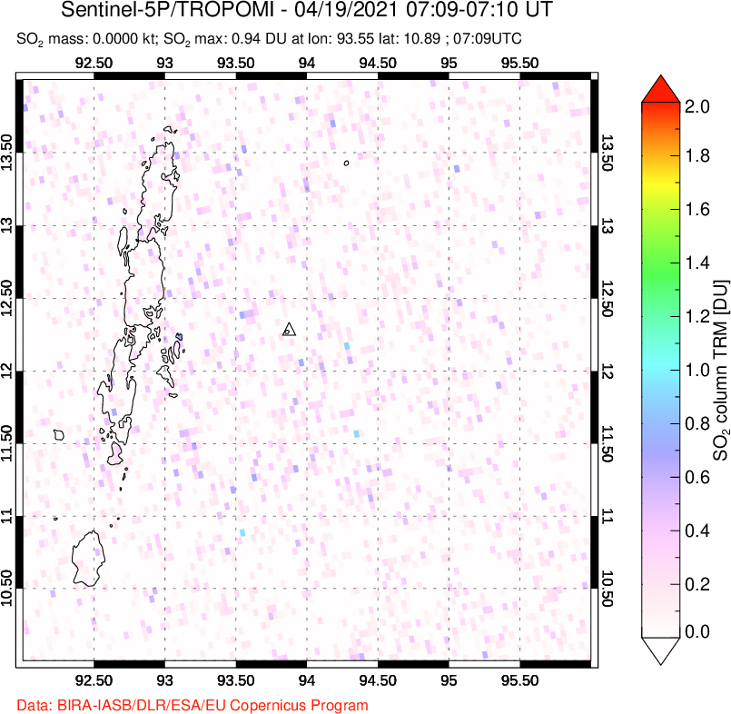 A sulfur dioxide image over Andaman Islands, Indian Ocean on Apr 19, 2021.