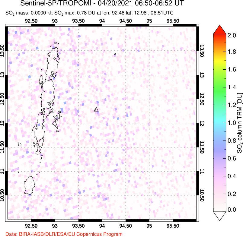 A sulfur dioxide image over Andaman Islands, Indian Ocean on Apr 20, 2021.