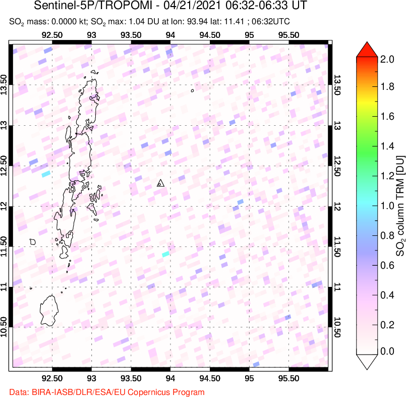 A sulfur dioxide image over Andaman Islands, Indian Ocean on Apr 21, 2021.