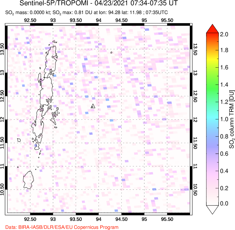 A sulfur dioxide image over Andaman Islands, Indian Ocean on Apr 23, 2021.
