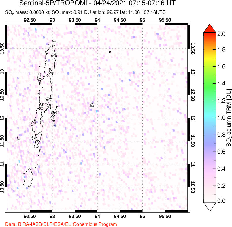 A sulfur dioxide image over Andaman Islands, Indian Ocean on Apr 24, 2021.