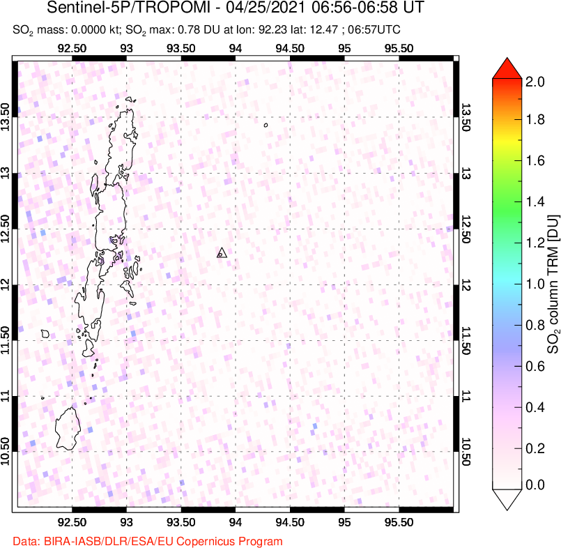 A sulfur dioxide image over Andaman Islands, Indian Ocean on Apr 25, 2021.