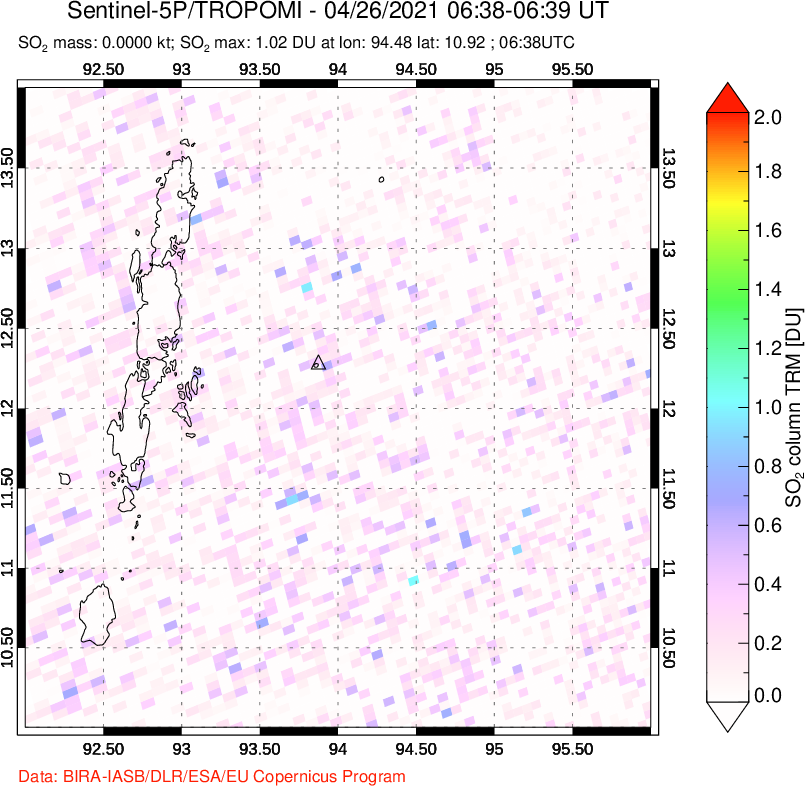 A sulfur dioxide image over Andaman Islands, Indian Ocean on Apr 26, 2021.