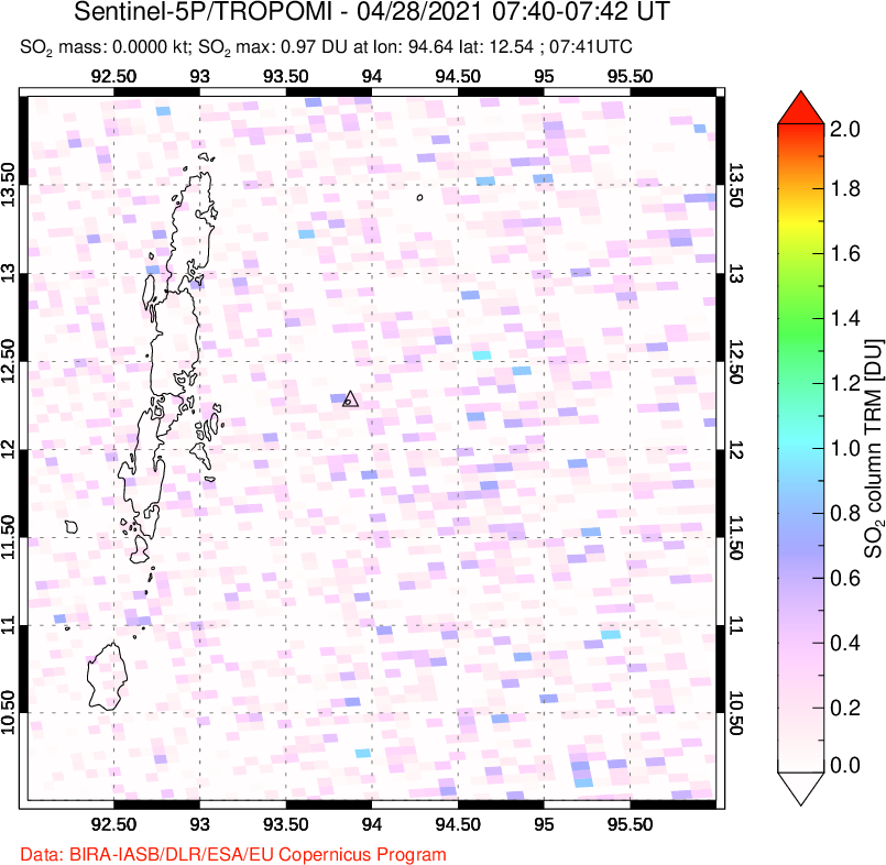 A sulfur dioxide image over Andaman Islands, Indian Ocean on Apr 28, 2021.