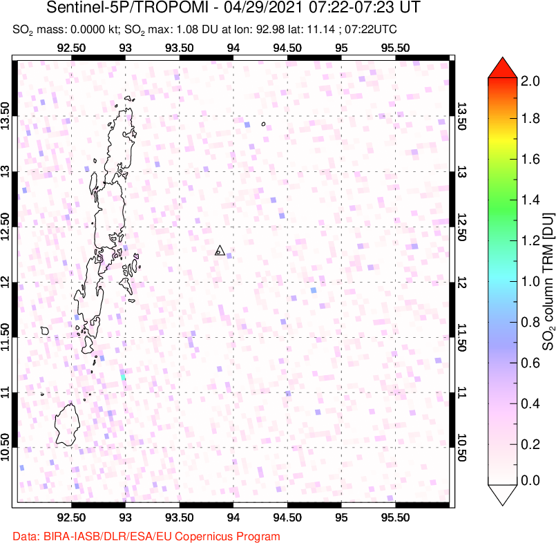 A sulfur dioxide image over Andaman Islands, Indian Ocean on Apr 29, 2021.