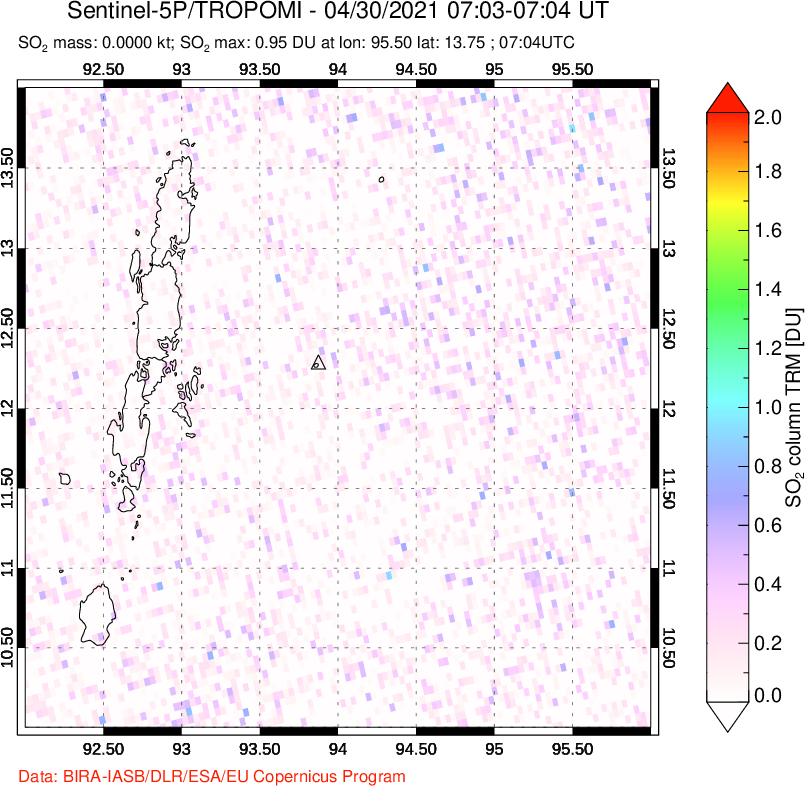 A sulfur dioxide image over Andaman Islands, Indian Ocean on Apr 30, 2021.