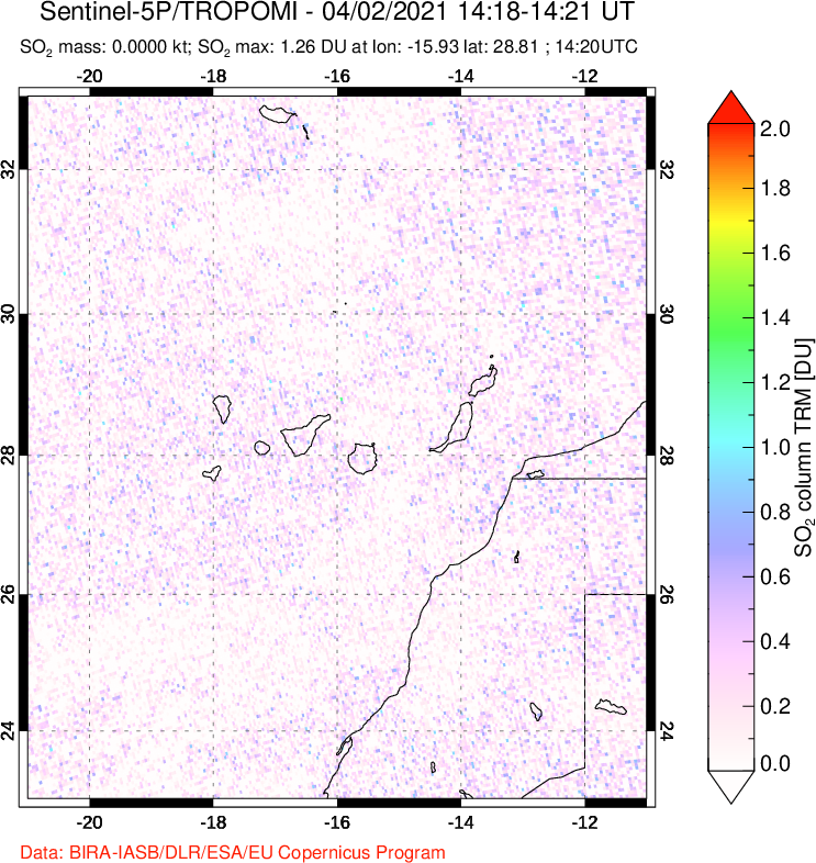 A sulfur dioxide image over Canary Islands on Apr 02, 2021.
