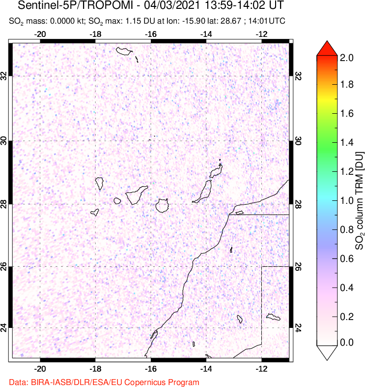A sulfur dioxide image over Canary Islands on Apr 03, 2021.