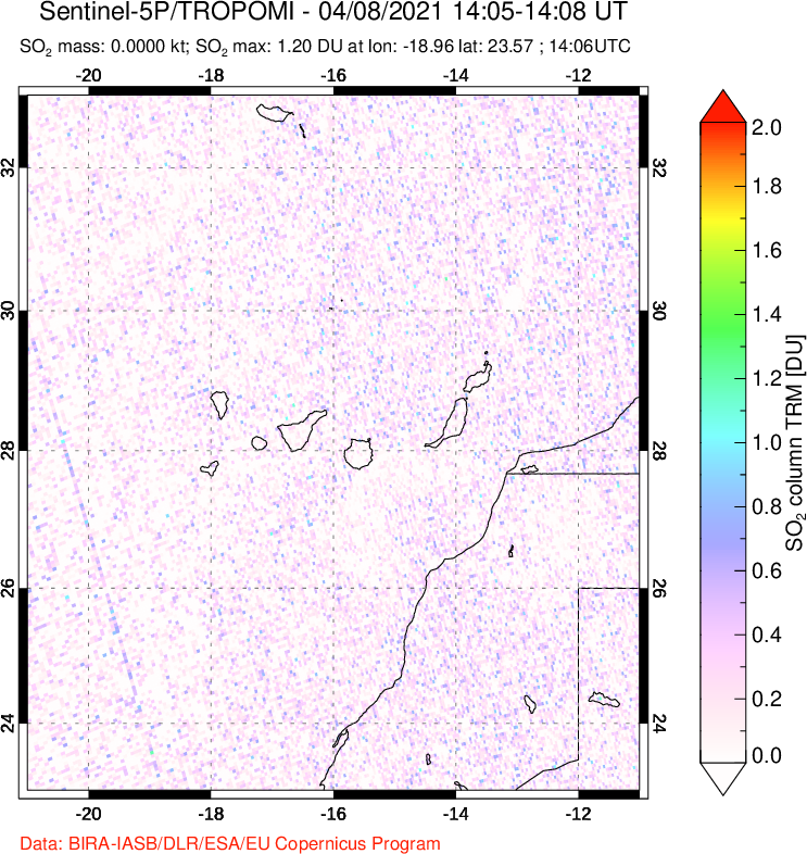 A sulfur dioxide image over Canary Islands on Apr 08, 2021.