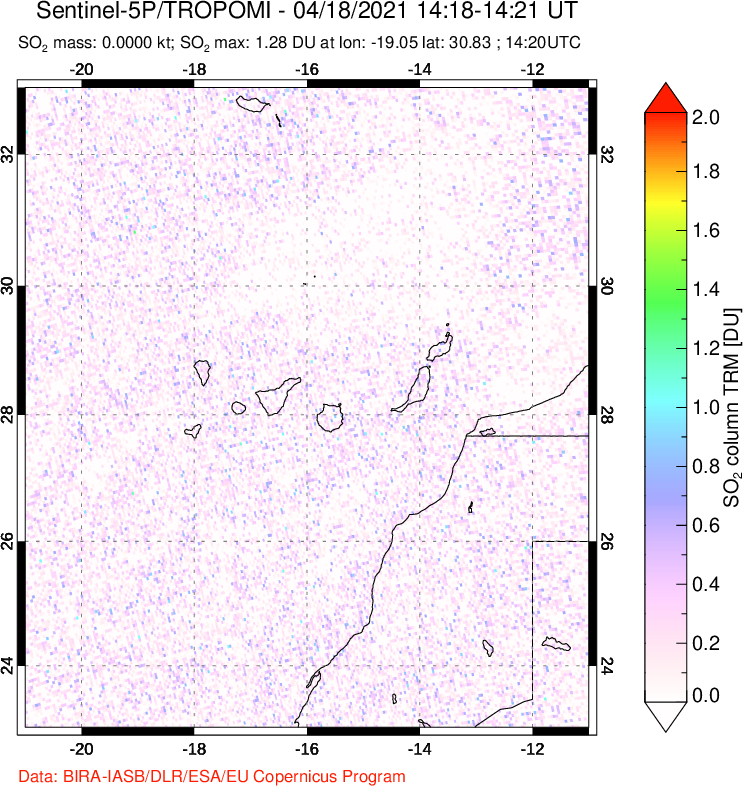 A sulfur dioxide image over Canary Islands on Apr 18, 2021.