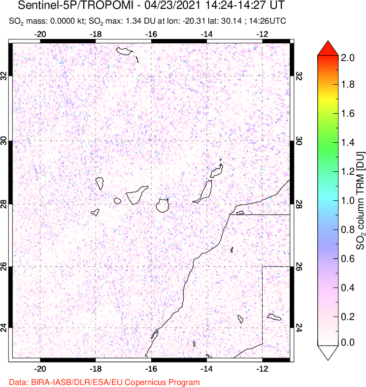 A sulfur dioxide image over Canary Islands on Apr 23, 2021.
