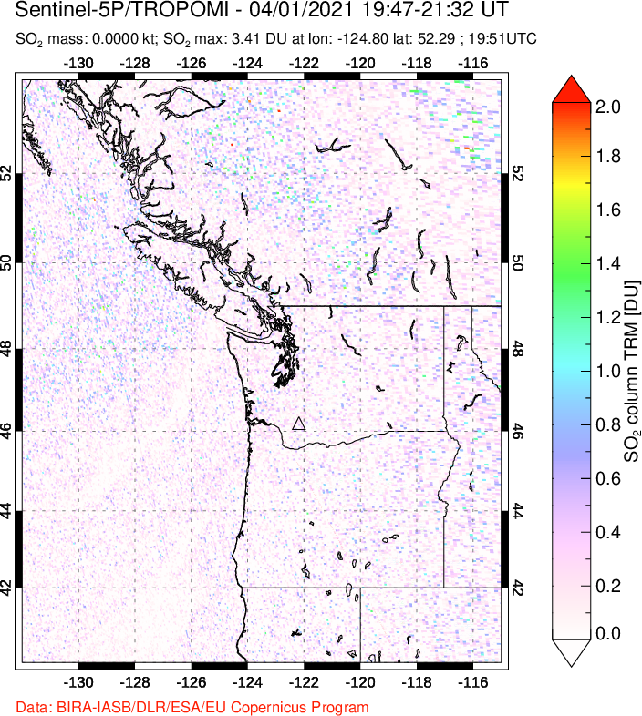 A sulfur dioxide image over Cascade Range, USA on Apr 01, 2021.