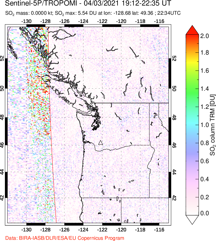 A sulfur dioxide image over Cascade Range, USA on Apr 03, 2021.