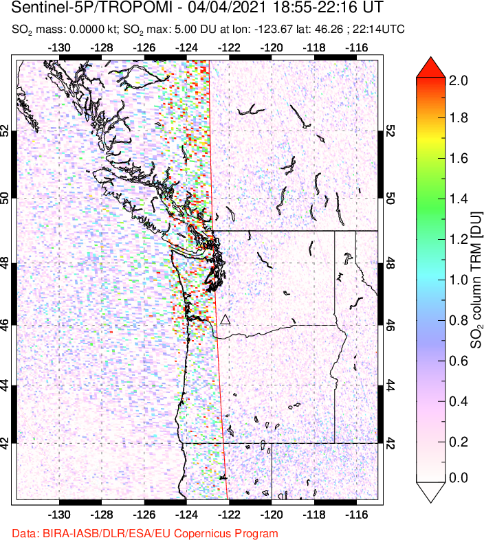A sulfur dioxide image over Cascade Range, USA on Apr 04, 2021.