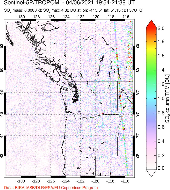 A sulfur dioxide image over Cascade Range, USA on Apr 06, 2021.