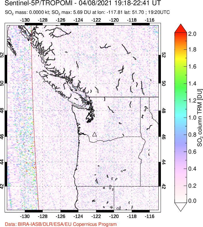 A sulfur dioxide image over Cascade Range, USA on Apr 08, 2021.