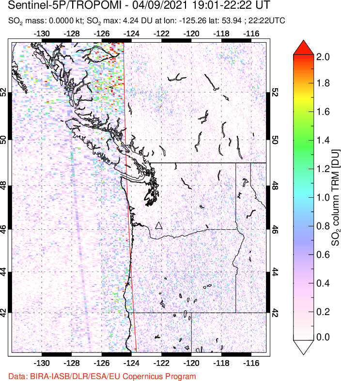 A sulfur dioxide image over Cascade Range, USA on Apr 09, 2021.