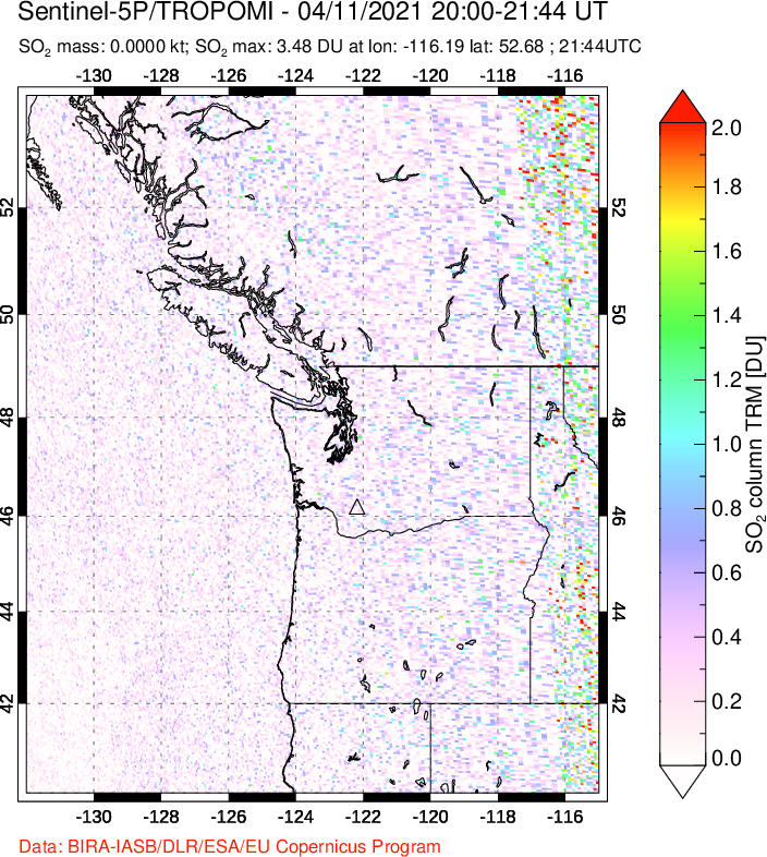A sulfur dioxide image over Cascade Range, USA on Apr 11, 2021.
