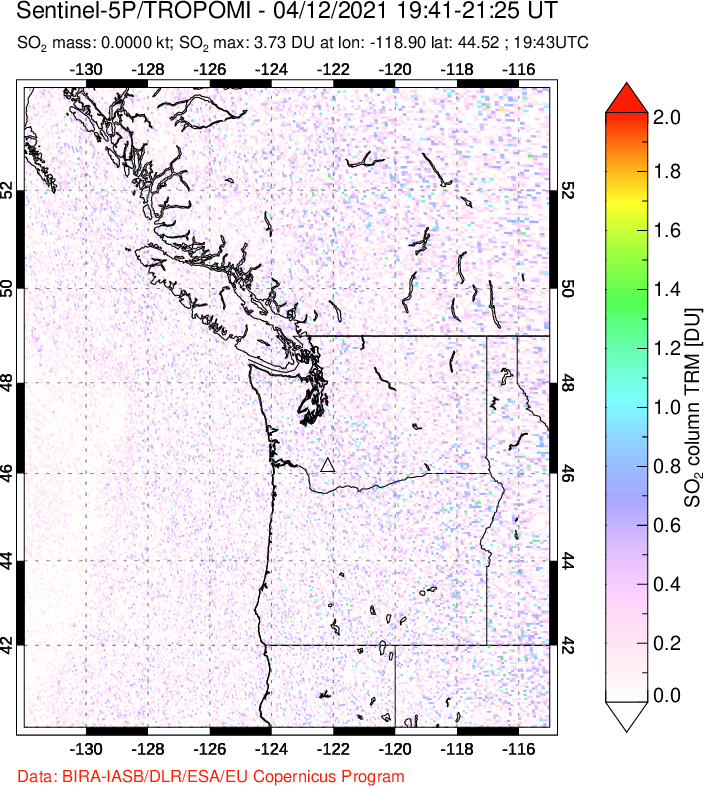 A sulfur dioxide image over Cascade Range, USA on Apr 12, 2021.